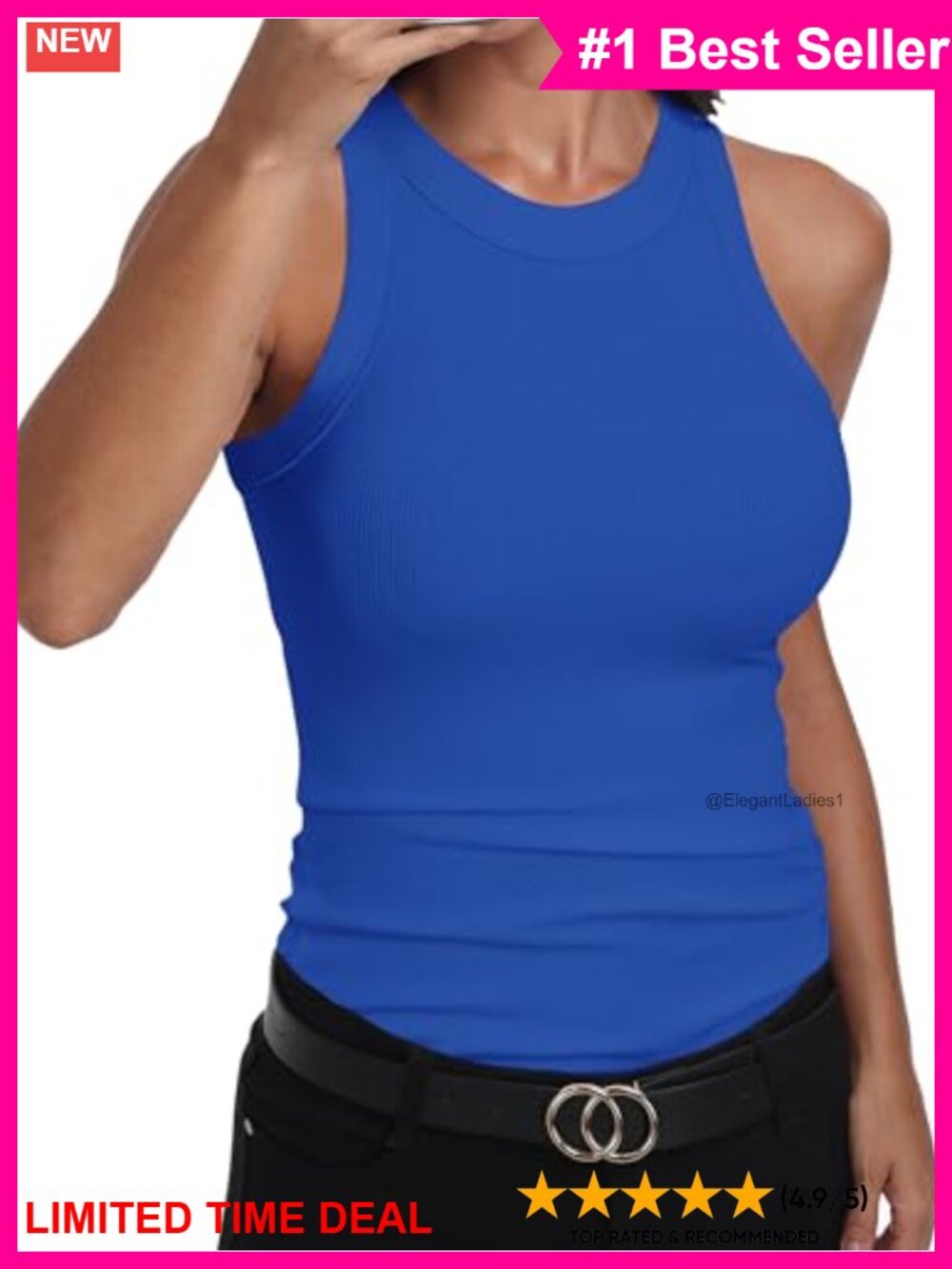 Sleeveless Racerback High Neck Ribbed Fitted Tank Top - Picture 1 of 6